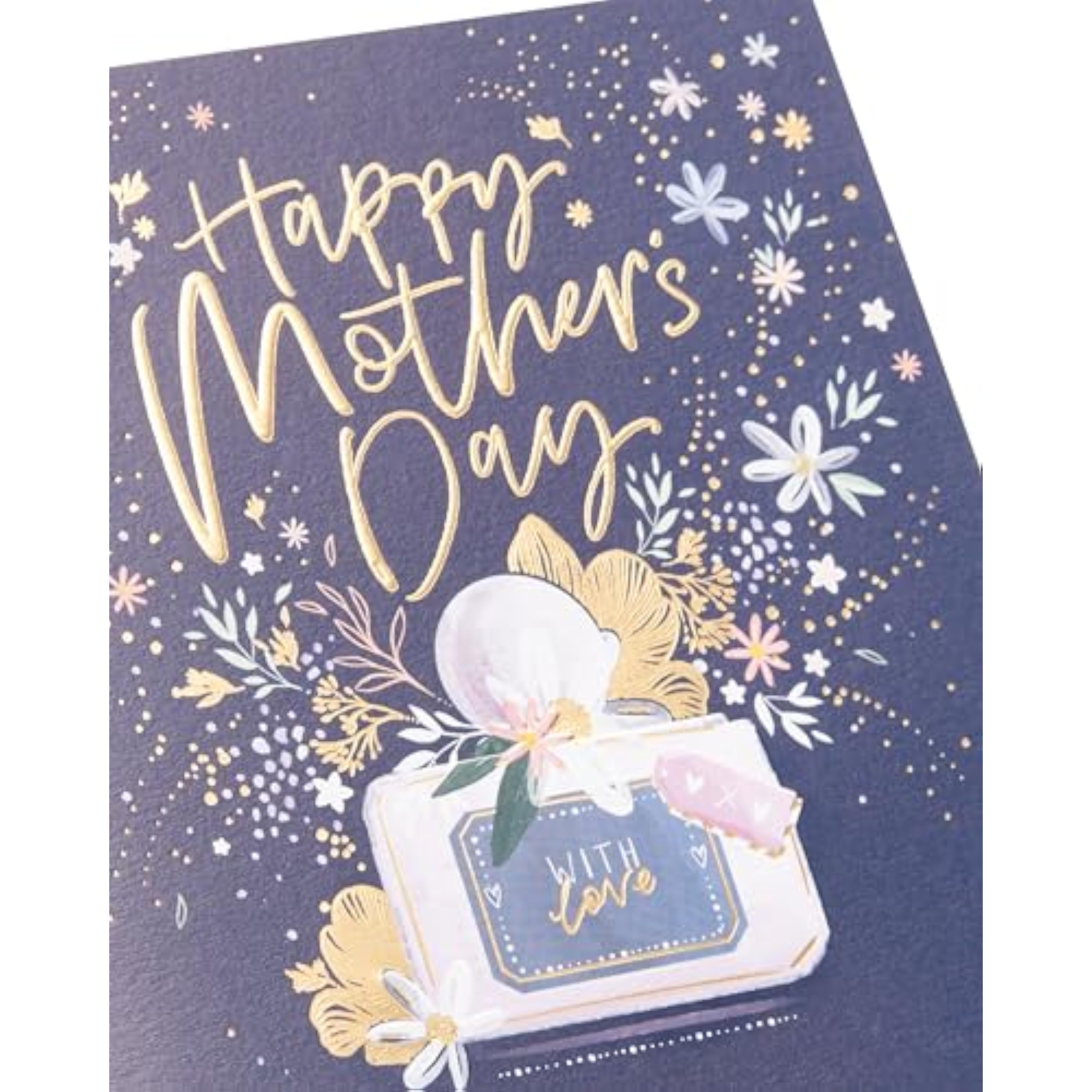 UK Greetings Mother's Day card featuring a stunning perfume design with elegant floral accents and delicate artistic details.