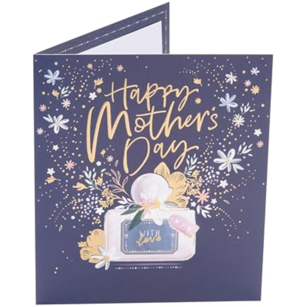 UK Greetings Mother's Day card featuring a stunning perfume design, decorative floral accents, and elegant greeting card details.