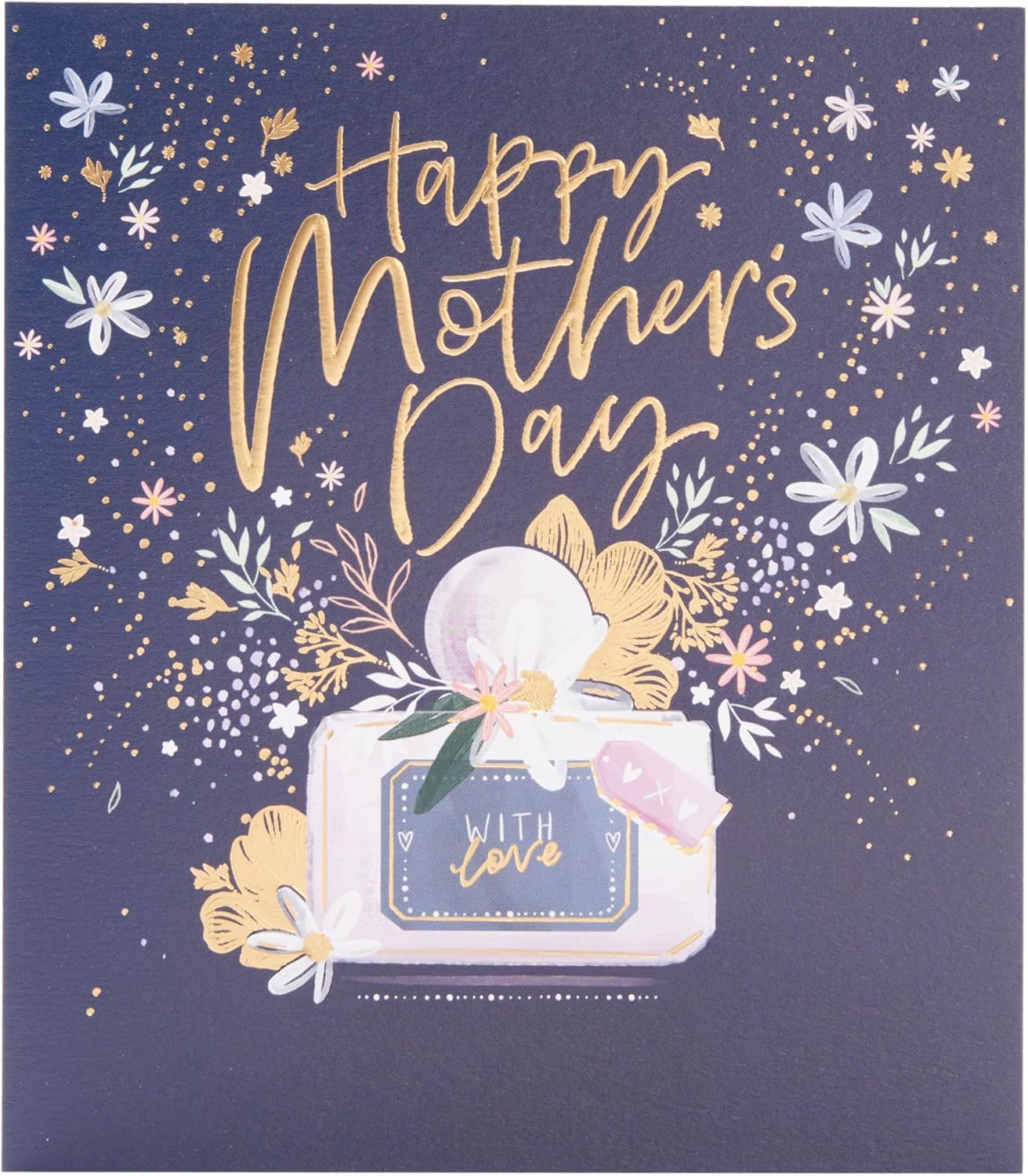 UK Greetings Mother's Day card featuring a stunning perfume design, elegant floral accents, and a decorative greeting card for special occasions.