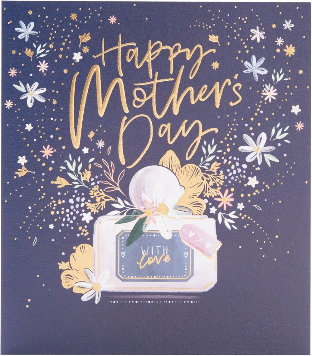 UK Greetings Mother's Day card featuring a stunning perfume design, elegant floral accents, and a decorative greeting card for special occasions.