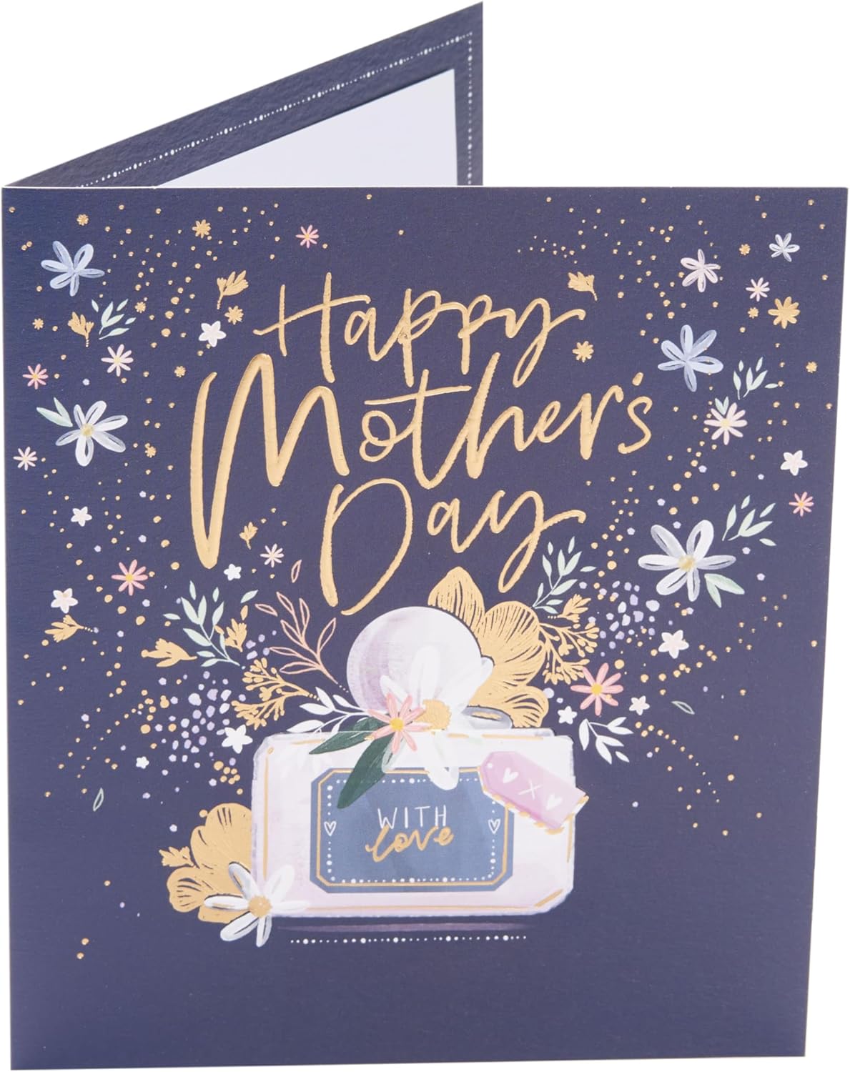 UK Greetings Mother's Day card featuring a stunning perfume design with elegant floral accents and delicate decorative elements.