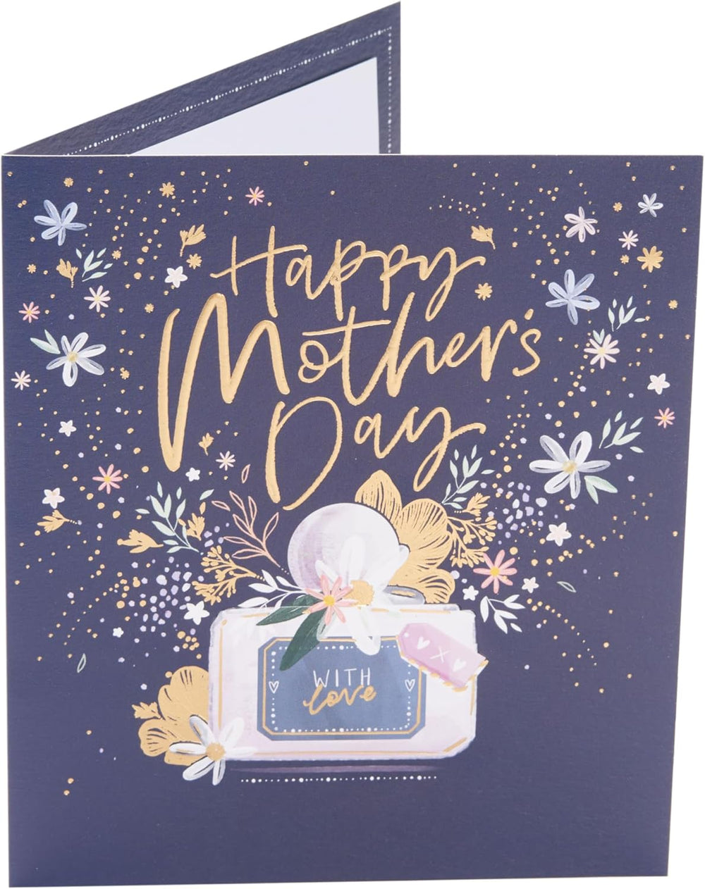 UK Greetings Mother's Day card featuring a stunning perfume design with elegant floral accents and delicate decorative elements.