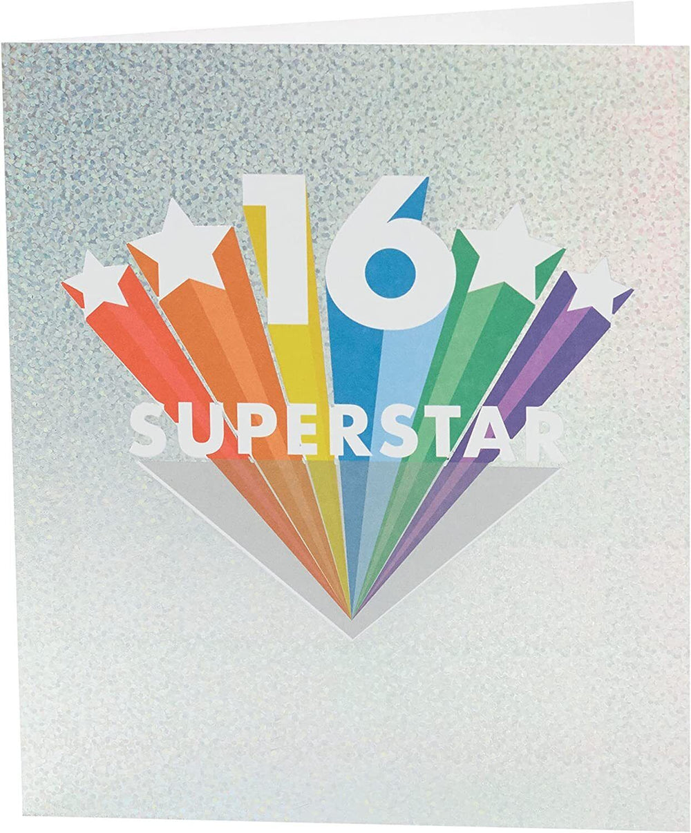 UK Greetings Super Star 16th Birthday Card featuring colorful star designs and festive text for a stylish celebration.