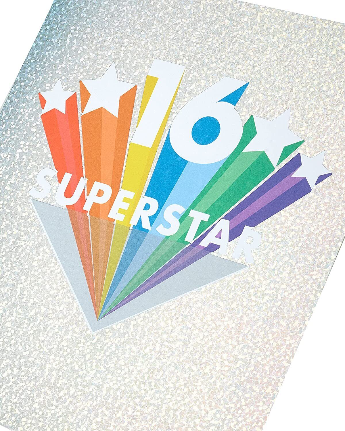 UK Greetings Super Star 16th Birthday Card featuring colorful star designs and celebratory graphics.
