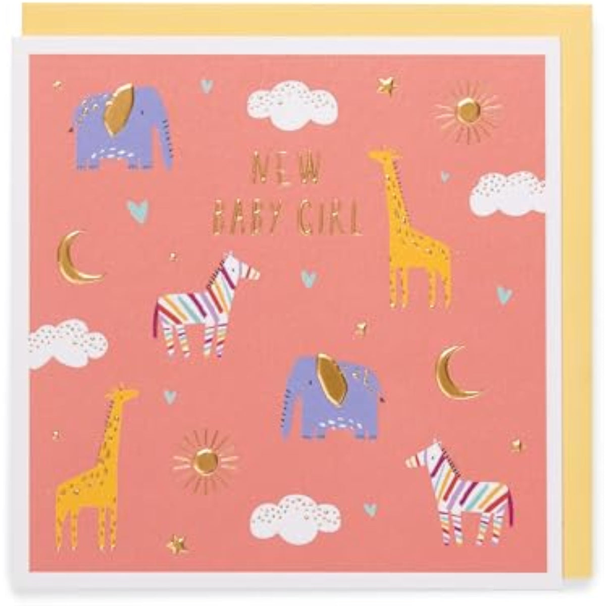 UK Greetings sweet animal design new baby girl greeting card featuring colorful animal illustrations on a cheerful card.
