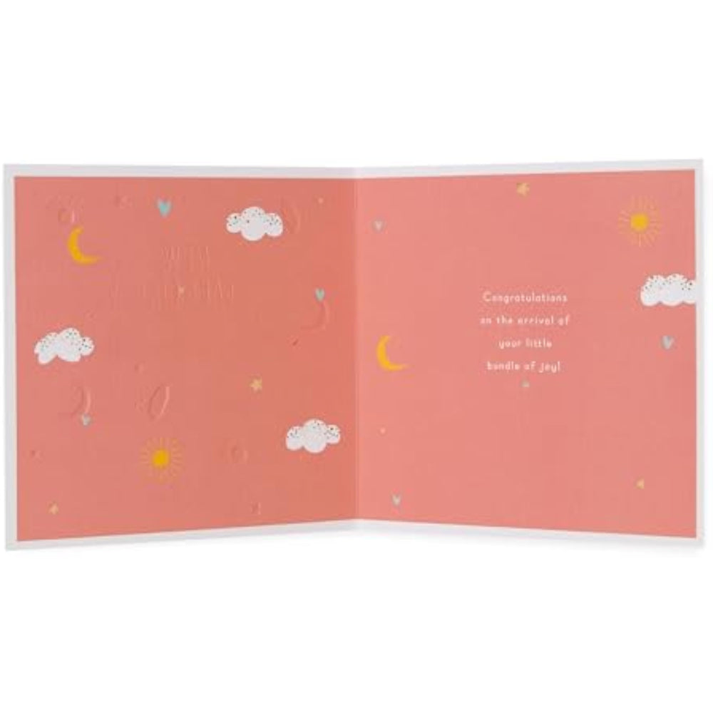 UK Greetings Sweet Animal Design New Baby Girl Card featuring colorful animal illustrations and cheerful greeting for a new arrival.