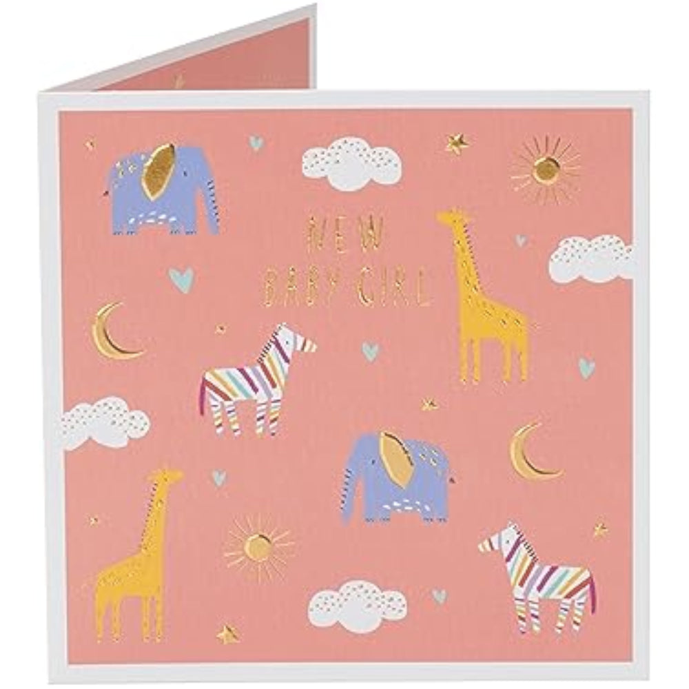 UK Greetings baby girl greeting card featuring a sweet animal design, perfect for welcoming a new baby girl.