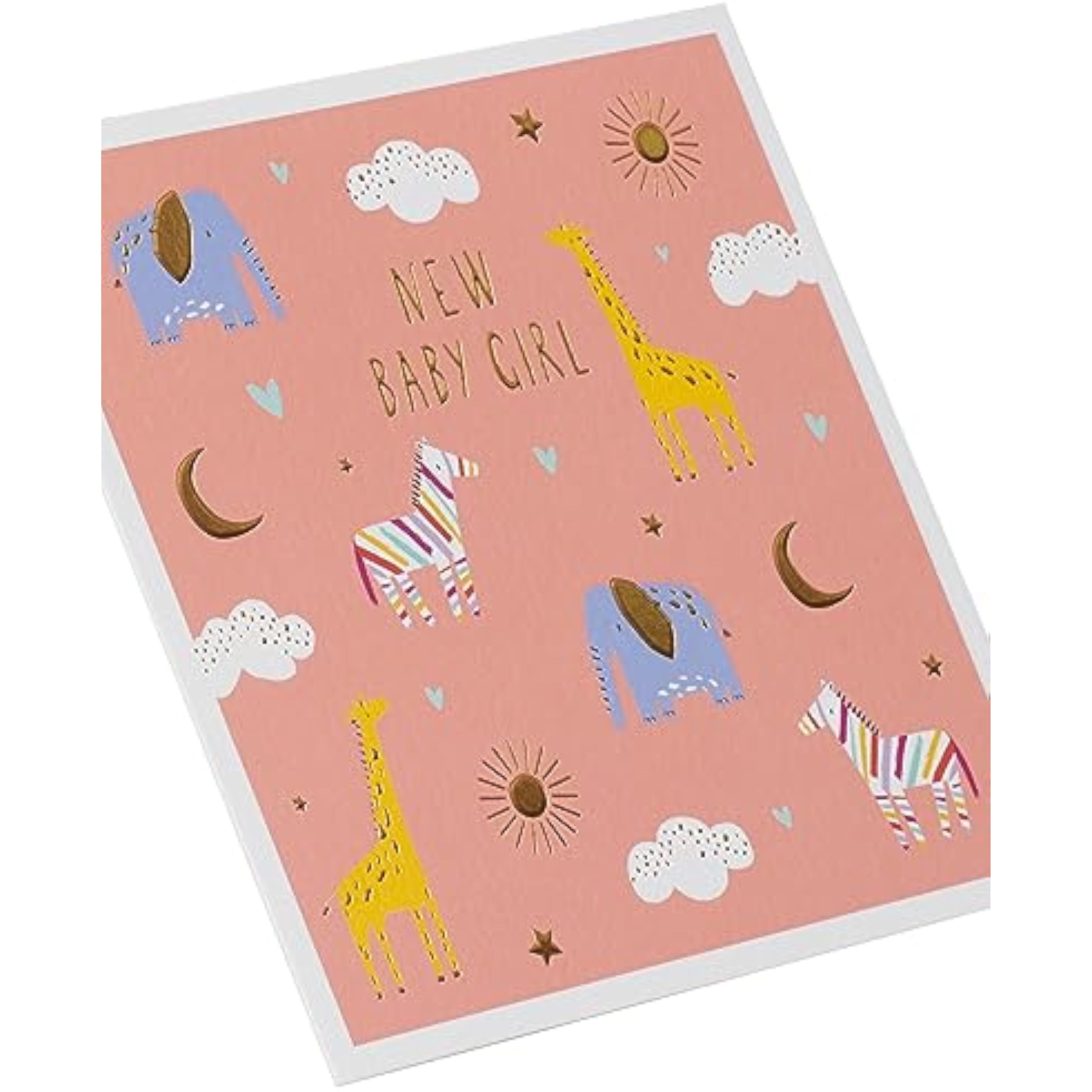 UK Greetings Sweet Animal Design New Baby Girl Card featuring cute animal illustrations for celebrating a new arrival.