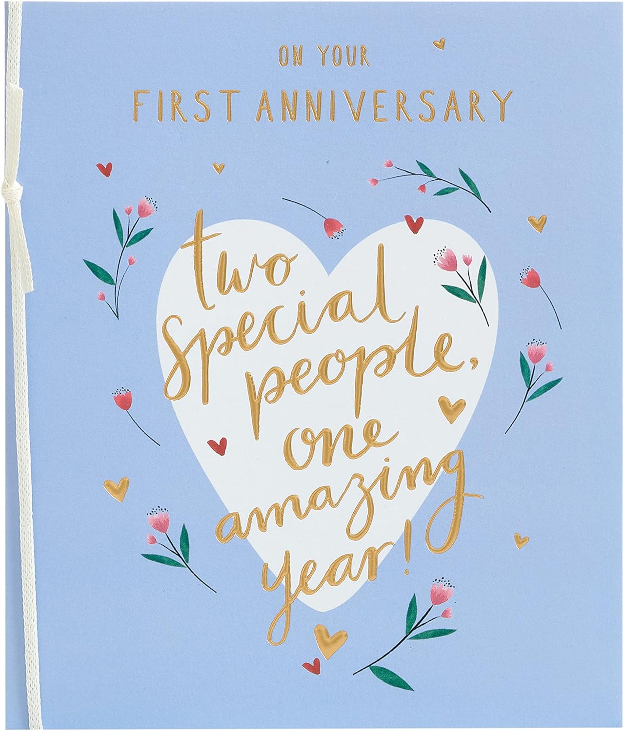 UK Greetings Sweet Design First Anniversary Card featuring colorful floral and heart illustrations on a festive greeting card.