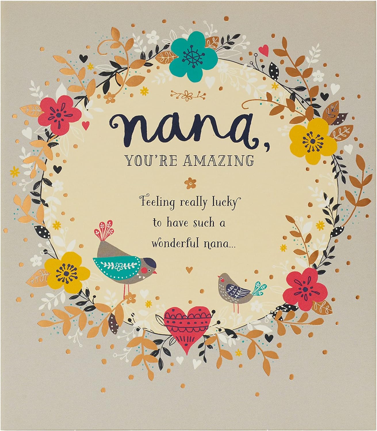 UK Greetings Sweet Design Nana birthday card featuring colorful floral and heart illustrations on a cheerful background.