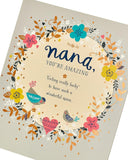 UK Greetings Sweet Design Nana birthday card featuring colorful floral and heart illustrations for special celebrations.