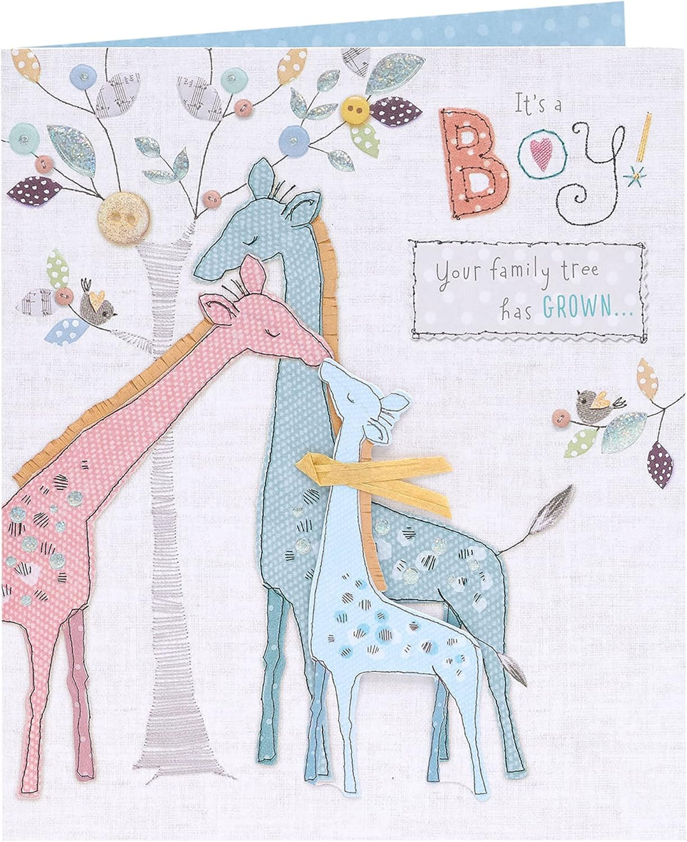 UK Greetings Sweet Giraffe New Baby Card featuring a cute giraffe illustration on a cheerful greeting card for new babies.