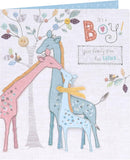 UK Greetings Sweet Giraffe New Baby Card featuring a cute giraffe illustration on a cheerful greeting card for new babies.