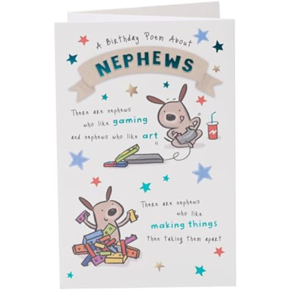 UK Greetings Sweet Poem Design Nephew Birthday Card, colorful greeting card with cheerful artwork for celebrating a nephew's birthday.