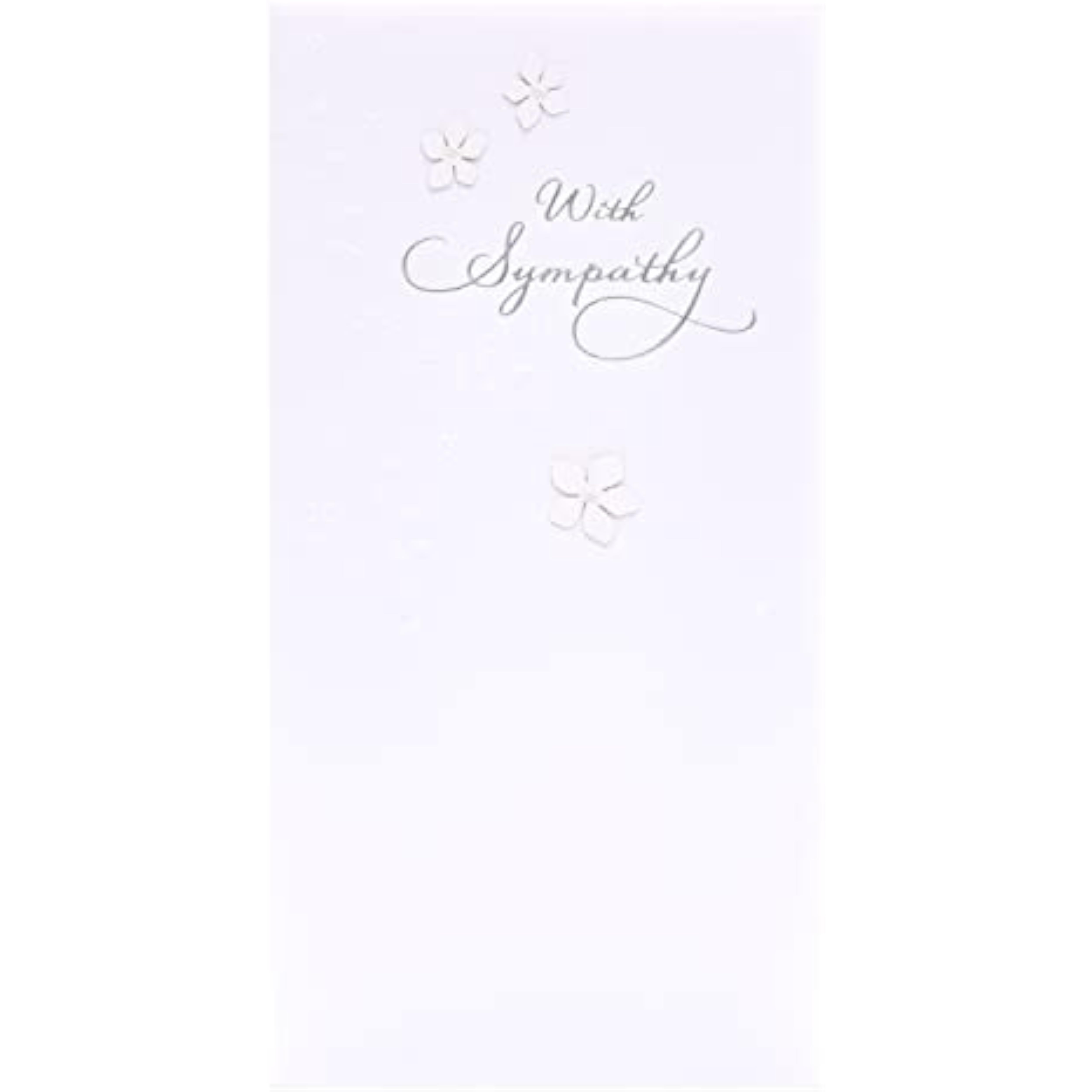 UK Greetings sympathy bereavement card featuring pure white background, 2D flowers, pearl details, and silver foil lettering.