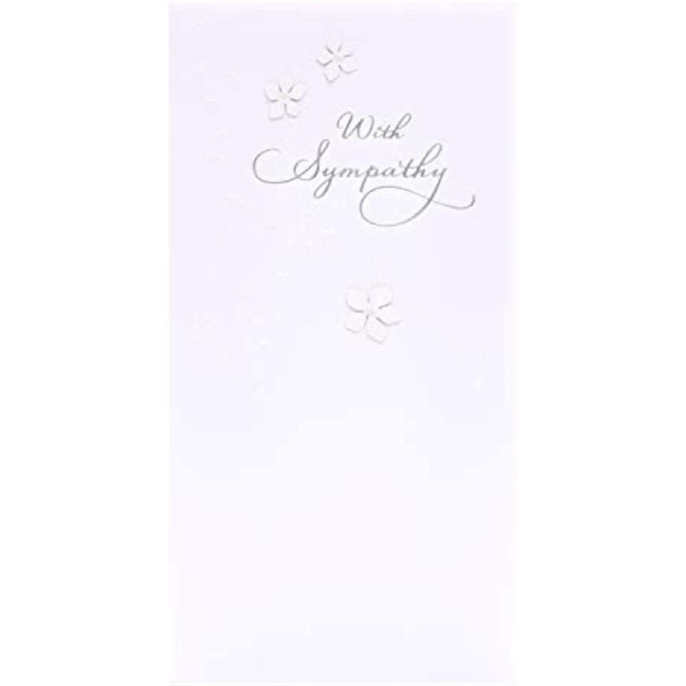 UK Greetings sympathy bereavement card featuring pure white background, 2D flowers, pearl details, and silver foil lettering.