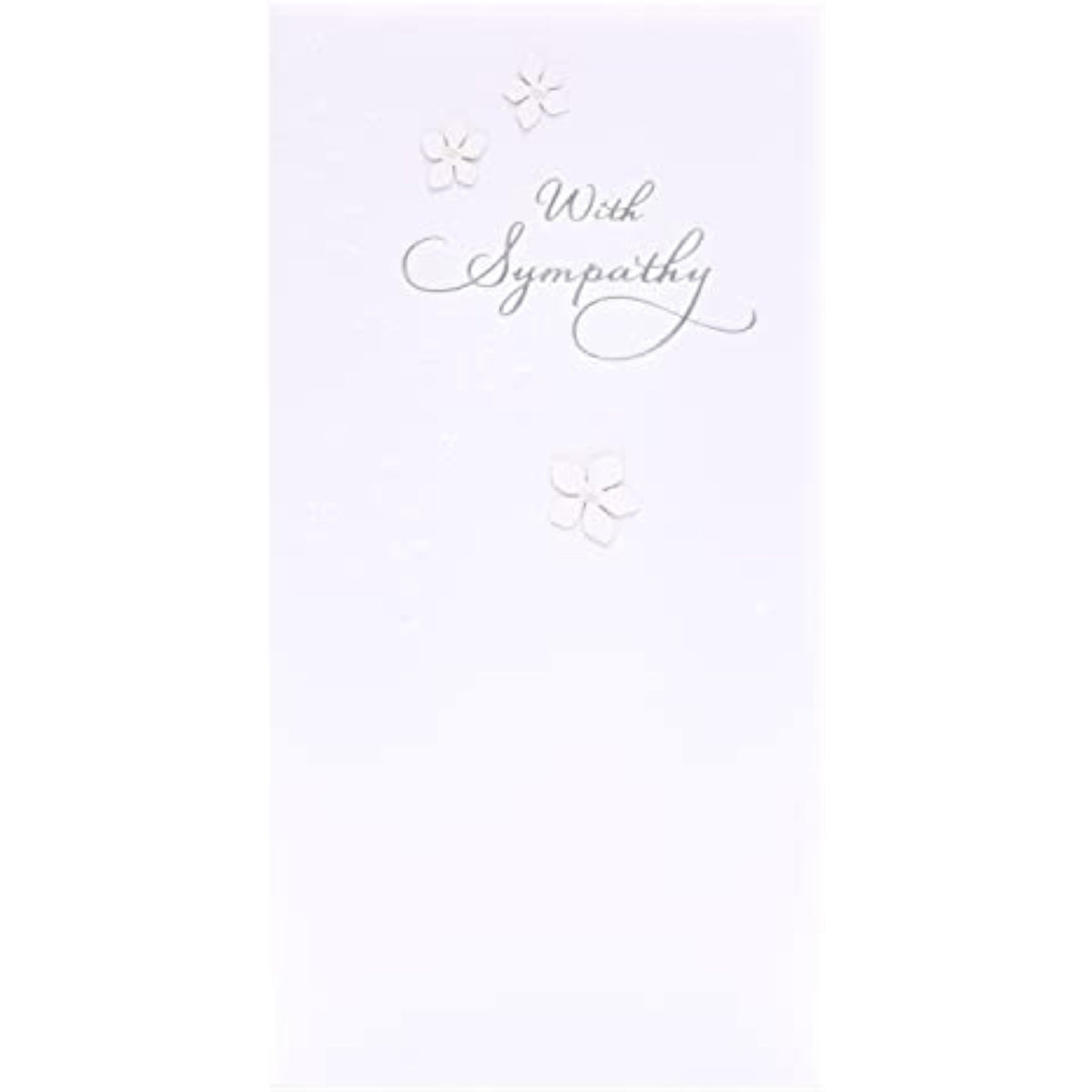 UK Greetings sympathy bereavement card featuring pure white background, 2D flowers, pearl details, and silver foil lettering.