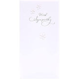 UK Greetings sympathy bereavement card featuring pure white background, 2D flowers, pearl details, and silver foil lettering.