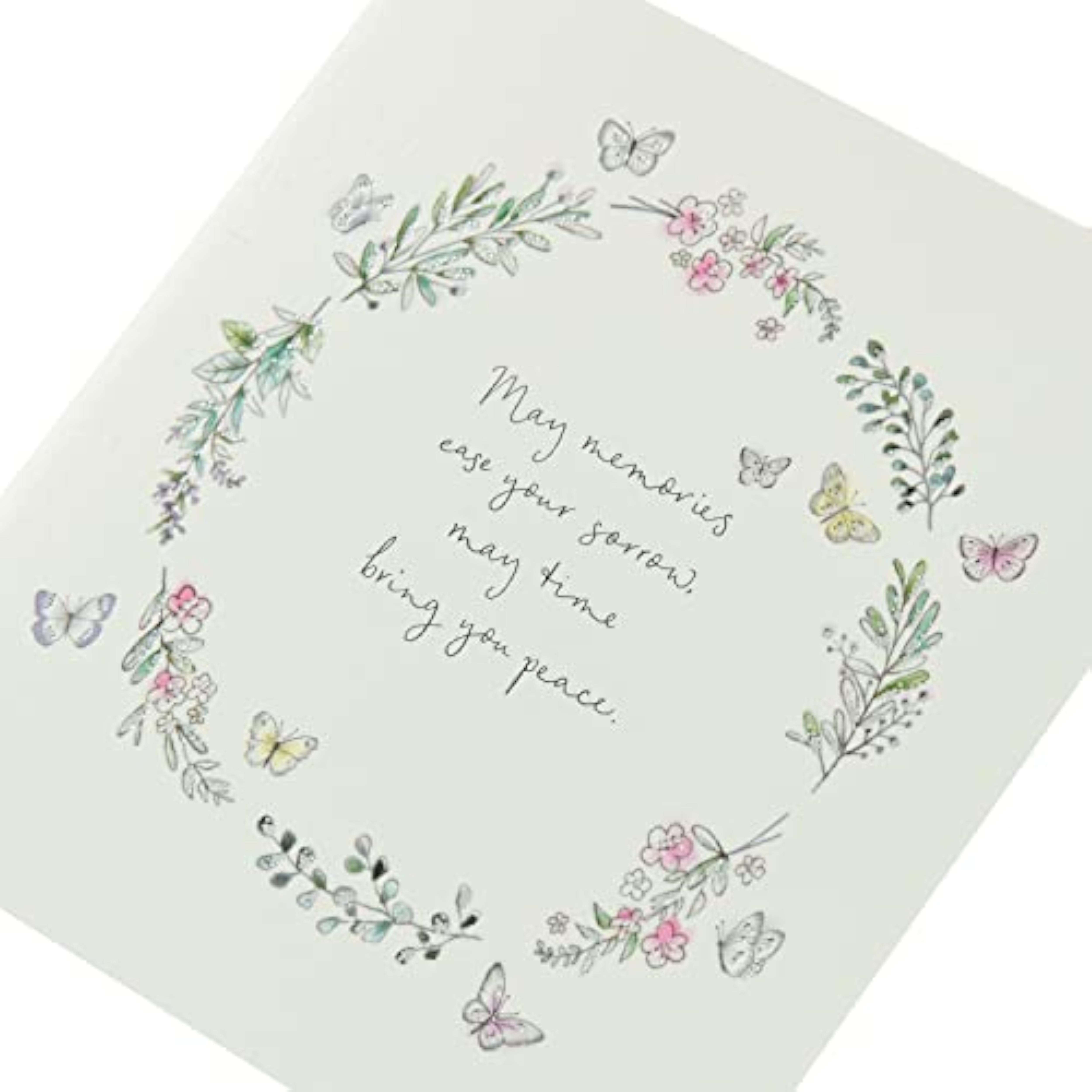 UK Greetings sympathy card featuring a floral butterfly design and sentimental verse, ideal for expressing condolences.