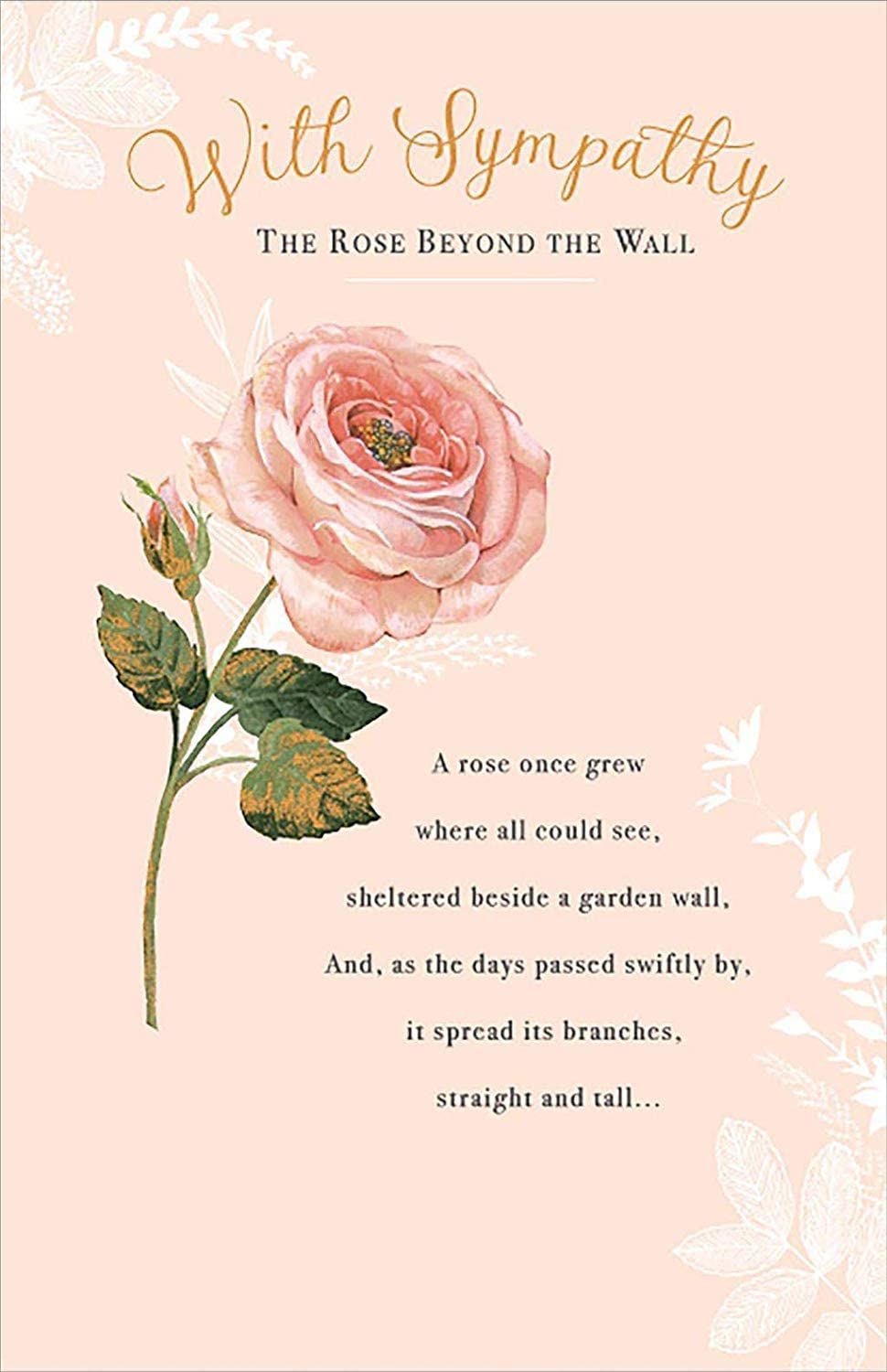 UK Greetings Sympathy Rose Beyond the Wall greeting card featuring a delicate rose illustration on the front.