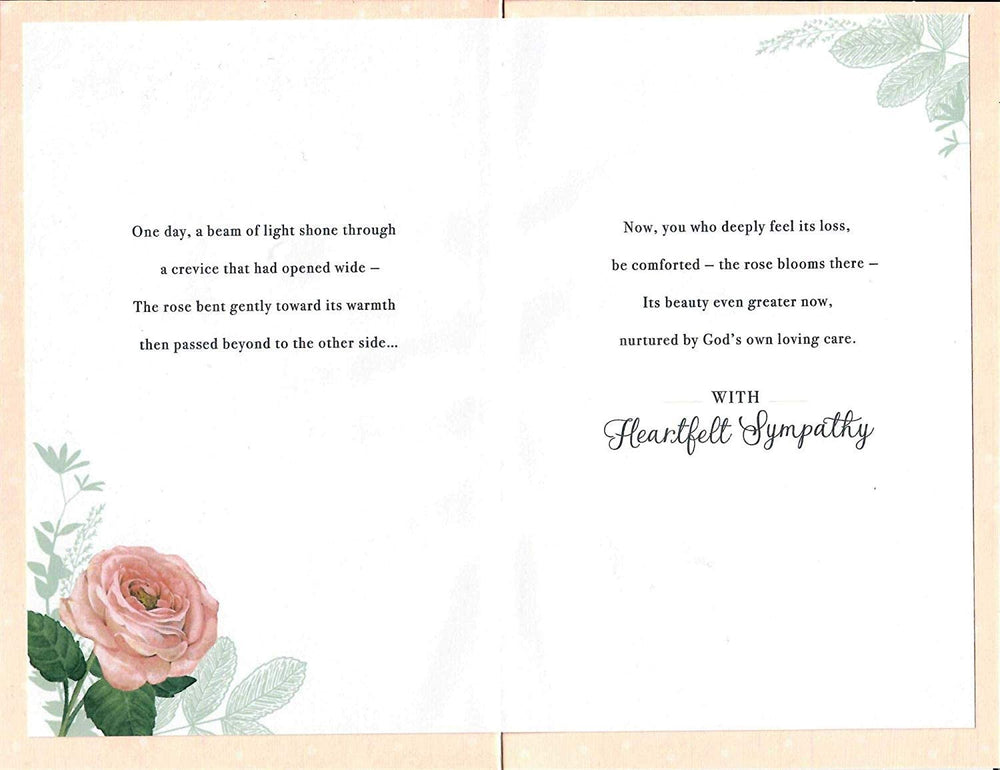 UK Greetings Sympathy Rose Beyond the Wall greeting card featuring a delicate rose design on the front.