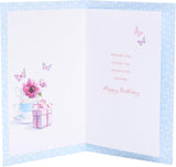 UK Greetings teacups design birthday greeting card with colorful teacup illustrations on the front.