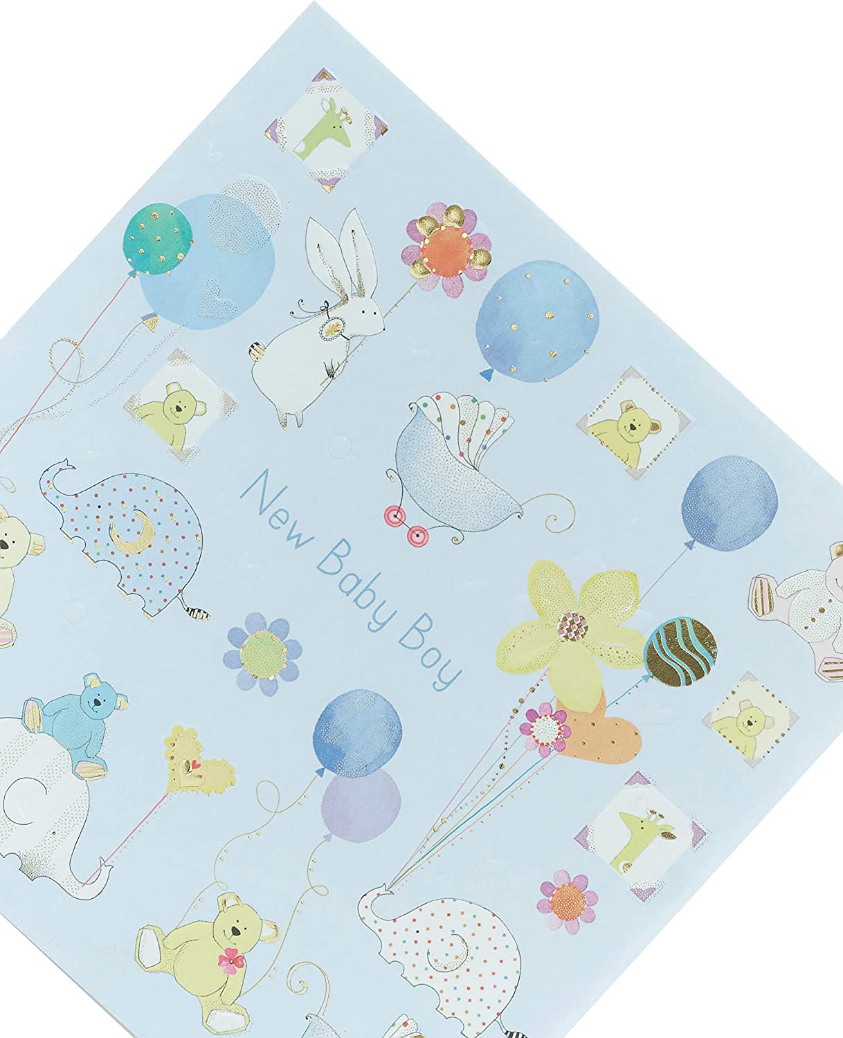 UK Greetings Teddy Bear Baby Boy greeting card featuring a cute teddy bear design on a cheerful card for new arrivals.