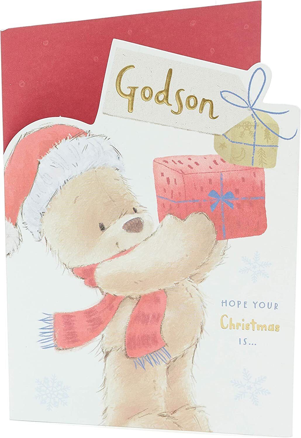 UK Greetings teddy bear with present design Christmas card for Godson, featuring festive holiday imagery and cheerful illustrations.