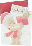 UK Greetings teddy bear with present design Christmas card for Godson, featuring festive holiday imagery and cheerful illustrations.