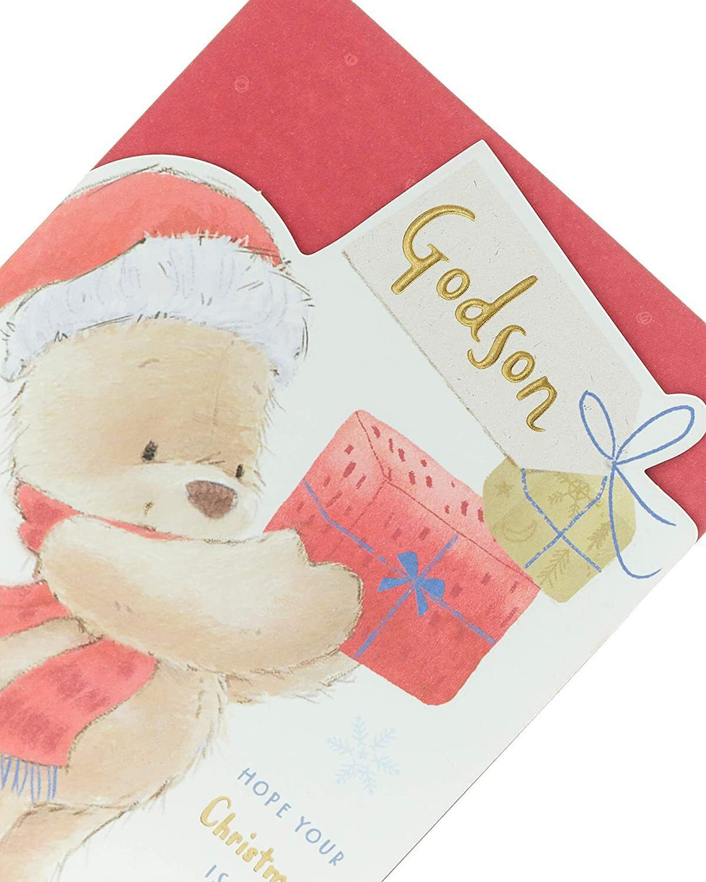 UK Greetings teddy bear with present Christmas card, festive design for Godson, featuring holiday-themed artwork and cheerful imagery.