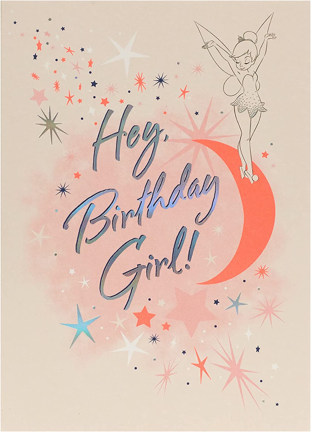UK Greetings Tinker Bell birthday greeting card featuring Tinker Bell and fairy-themed design on the front.