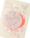 UK Greetings Tinker Bell birthday card featuring a colorful illustration of Tinker Bell from Peter Pan for celebrating birthdays.