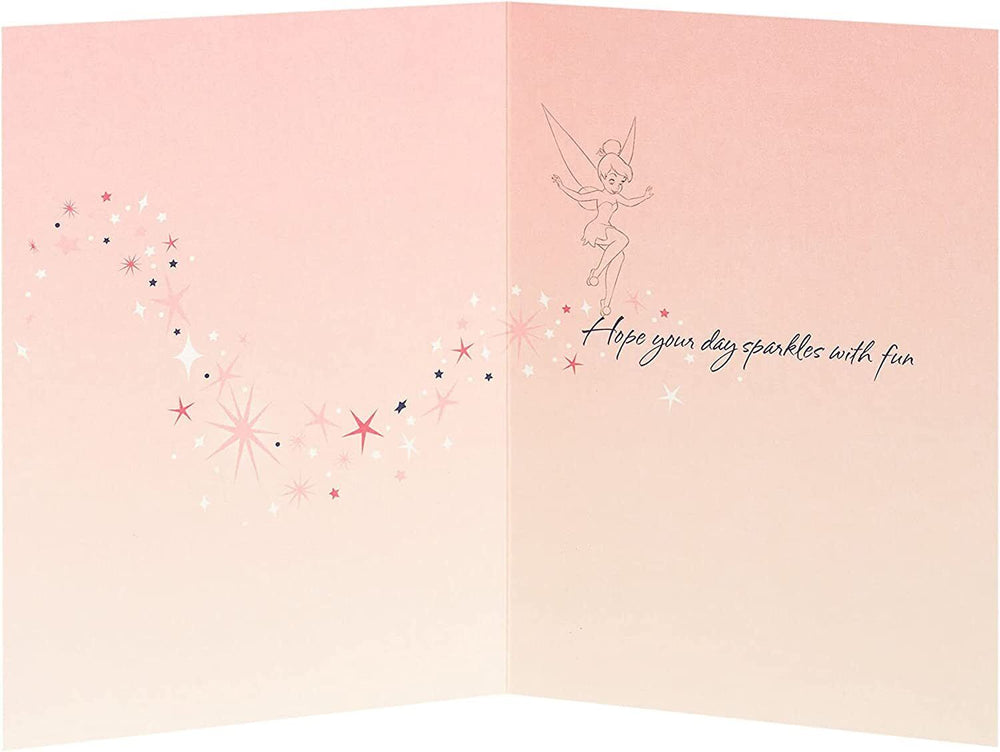 UK Greetings Tinker Bell birthday greeting card featuring Tinker Bell illustration and fairy-themed design.