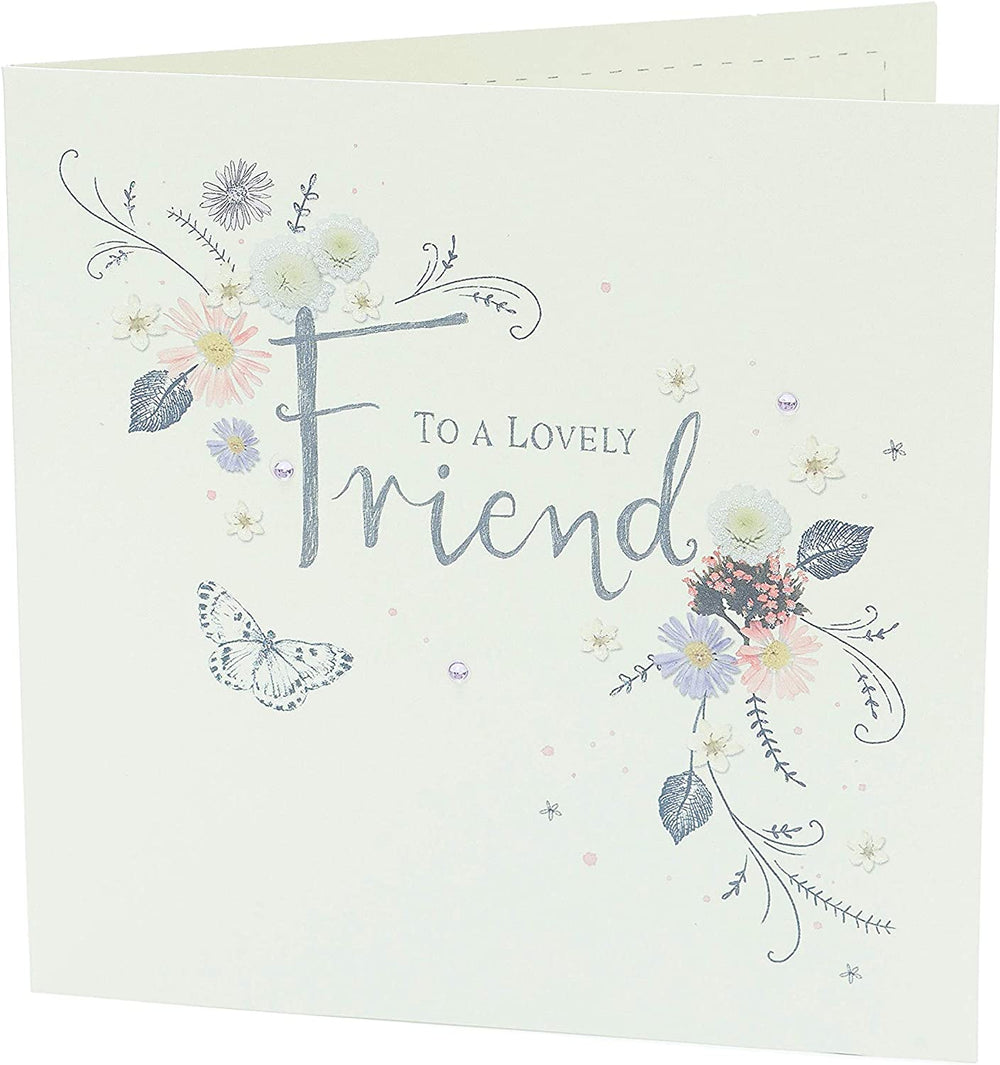 UK Greetings floral birthday card for a lovely friend featuring colorful flower design and elegant typography.