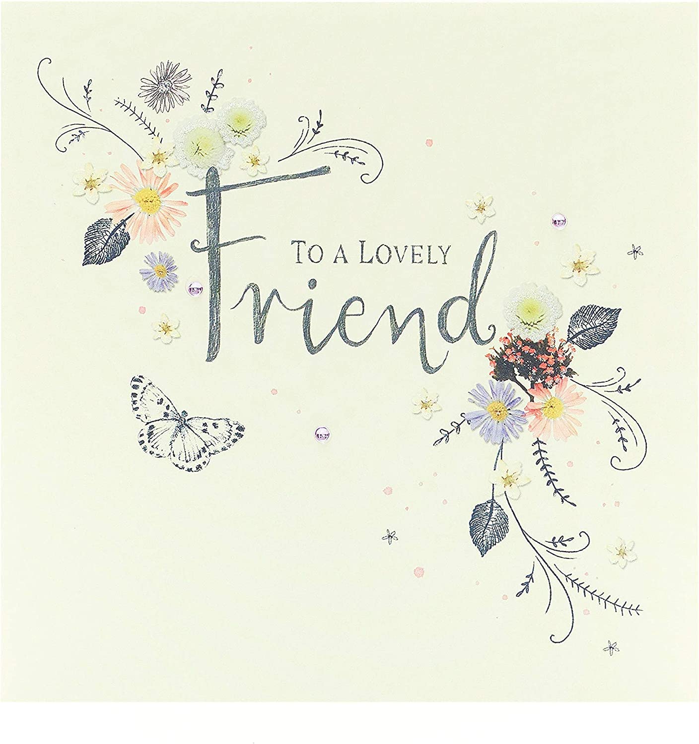 UK Greetings floral birthday card for a lovely friend, featuring colorful floral design and cheerful greeting.