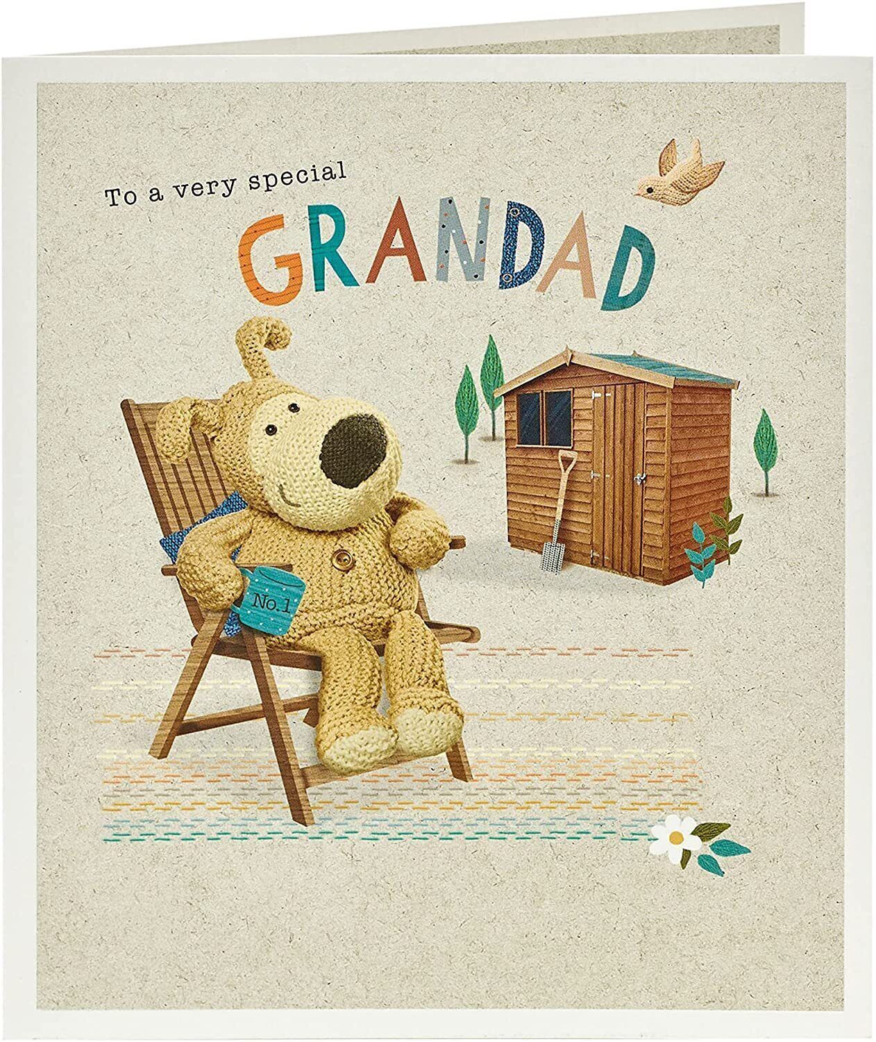 UK Greetings To a Very Special Grandad Boofle birthday card featuring colorful illustrations and heartfelt message.