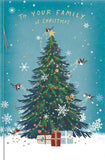 UK Greetings Robin Family decorating a tree greeting card featuring a festive winter scene with a robin family and holiday decorations.