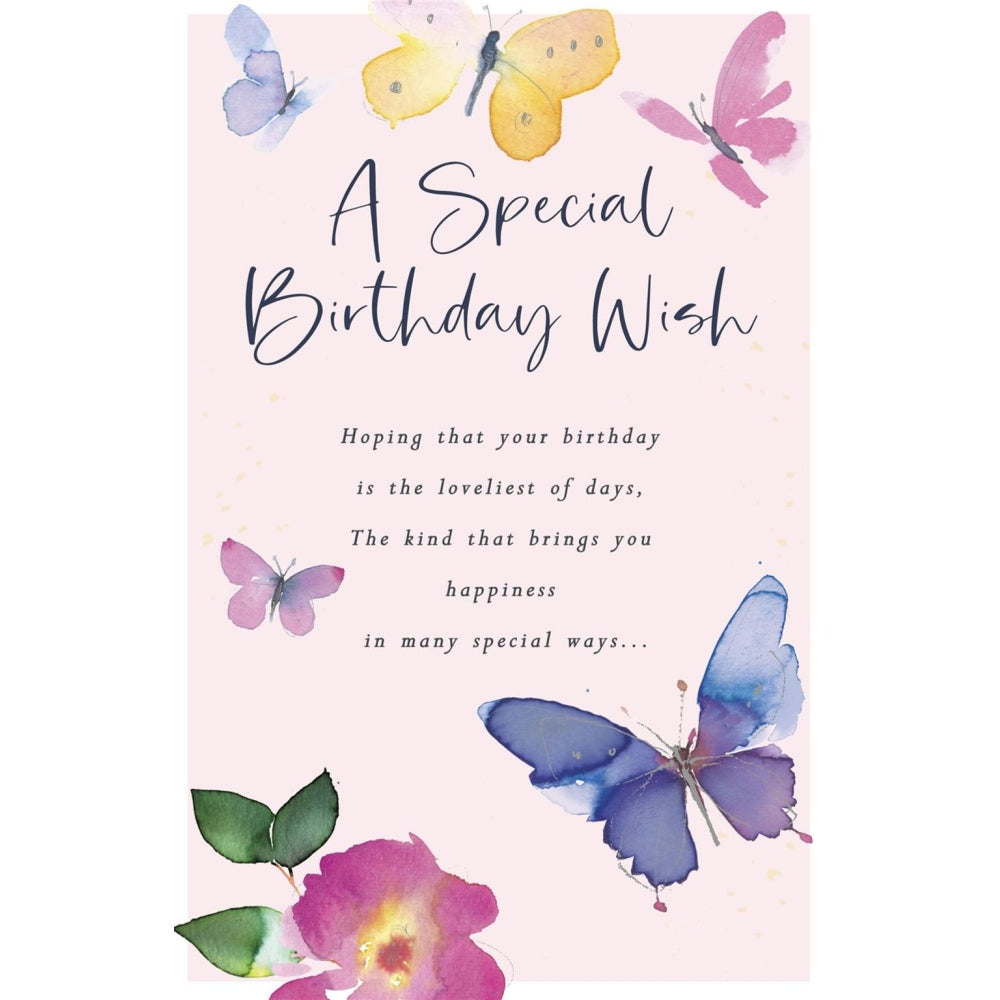 UK Greetings traditional birthday card featuring elegant butterfly design and special birthday wishes on the front.