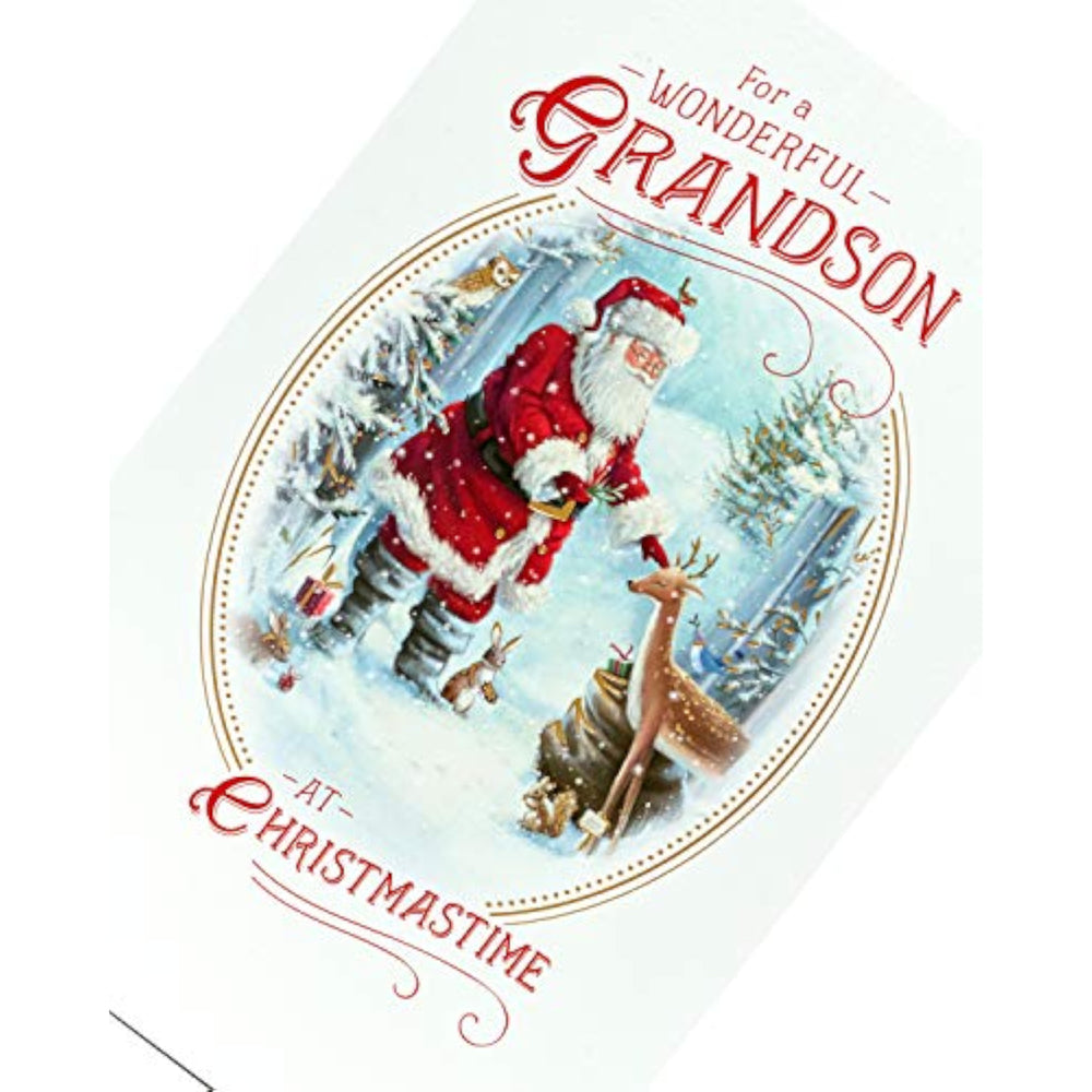 UK Greetings Traditional Grandson Christmas Card showcasing festive holiday design with cheerful seasonal imagery.