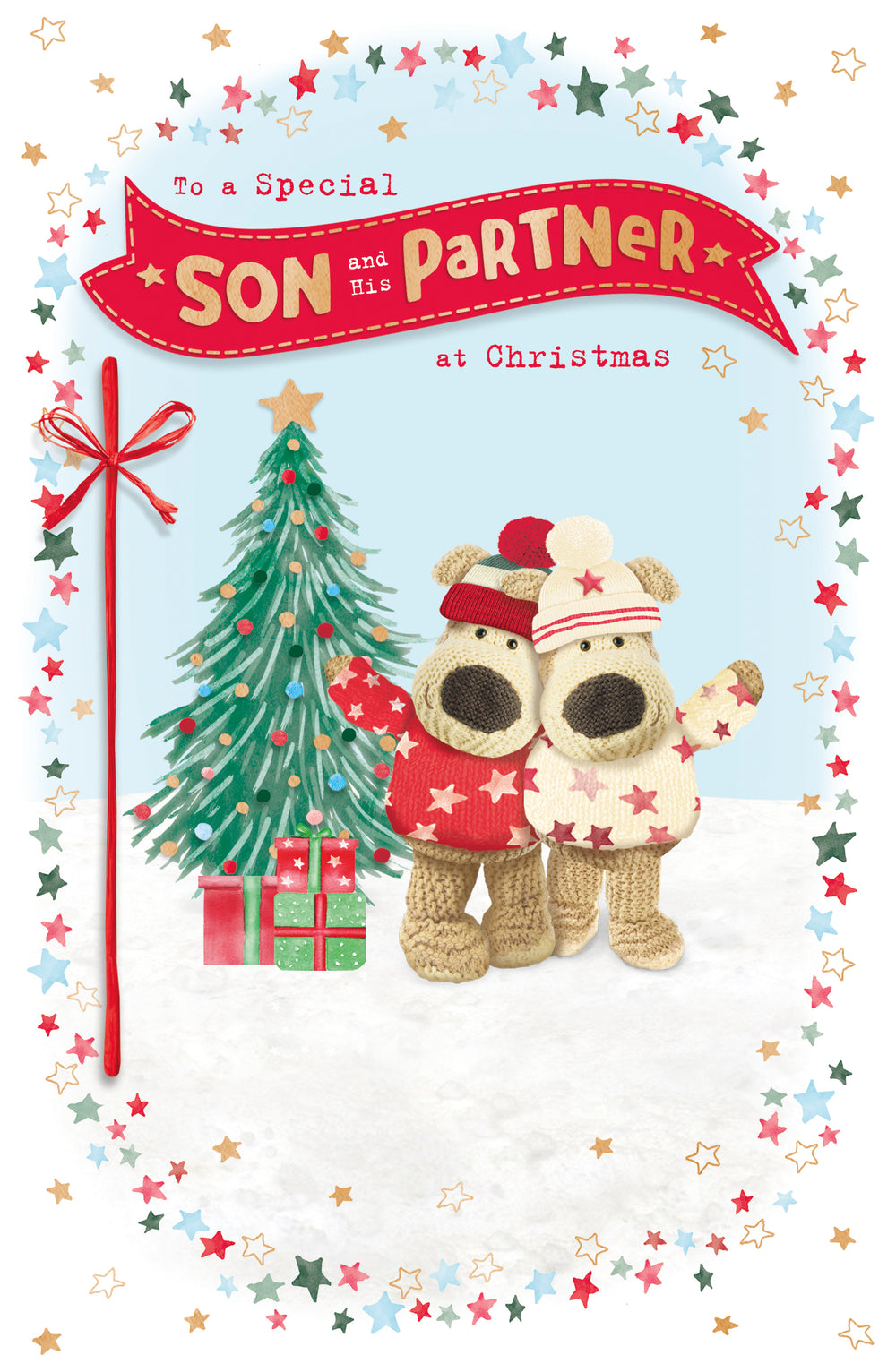 UK Greetings Christmas card featuring two Boofles characters standing with arms out, representing son and partner.
