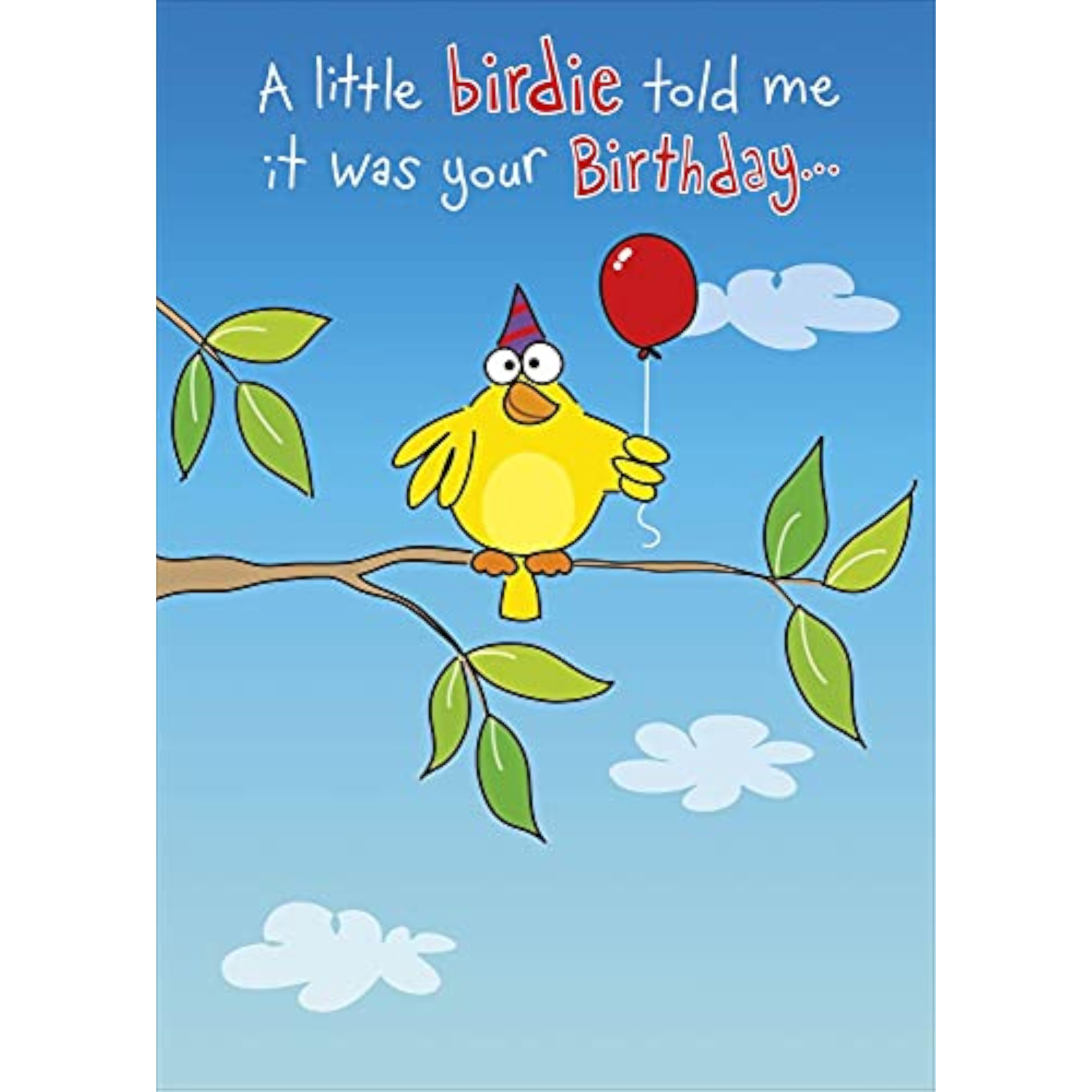 UK Greetings open birthday card featuring a humorous design with a little birdie, suitable for him or her.