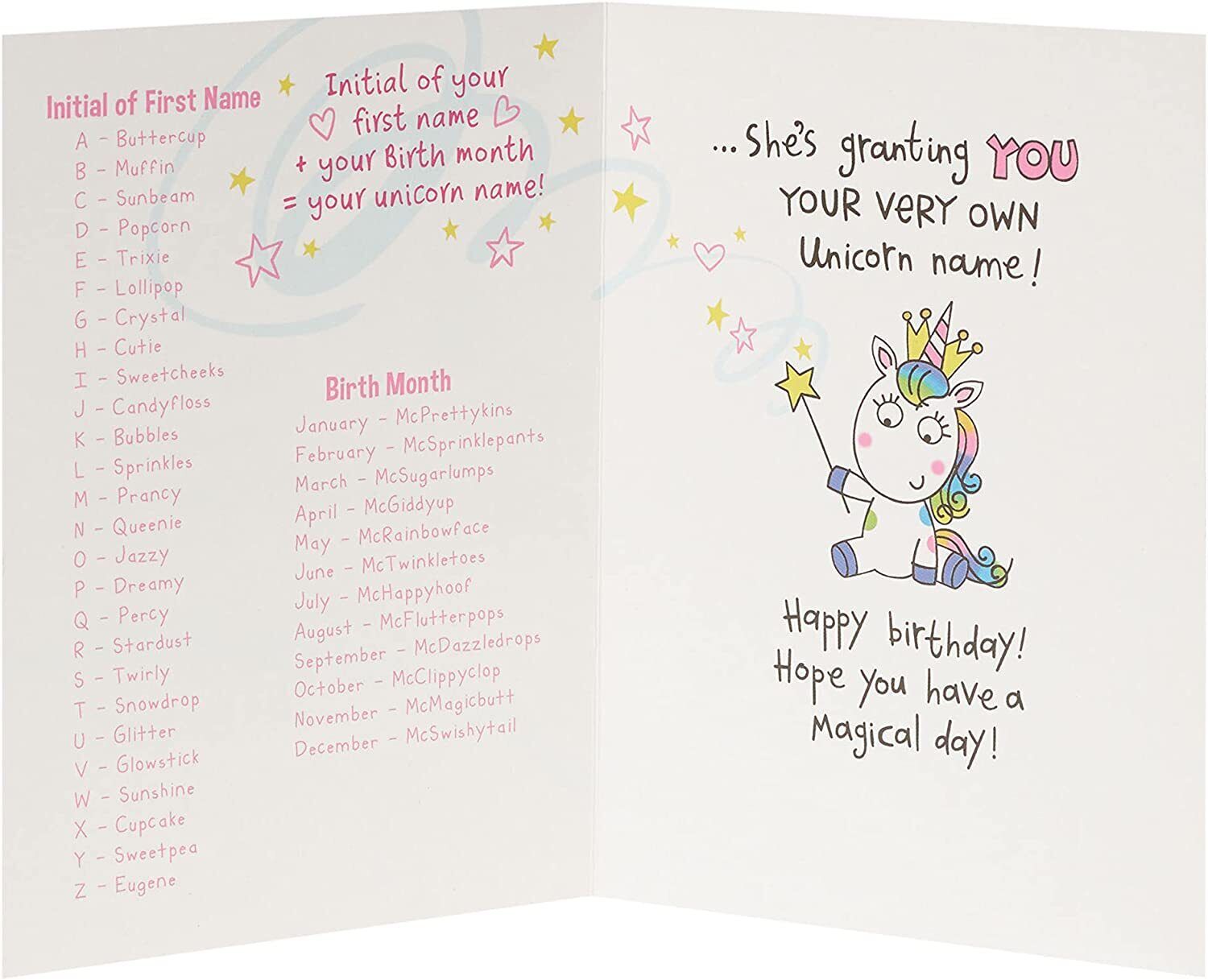 UK Greetings unicorn birthday card featuring colorful unicorn illustration on a cheerful greeting card design.