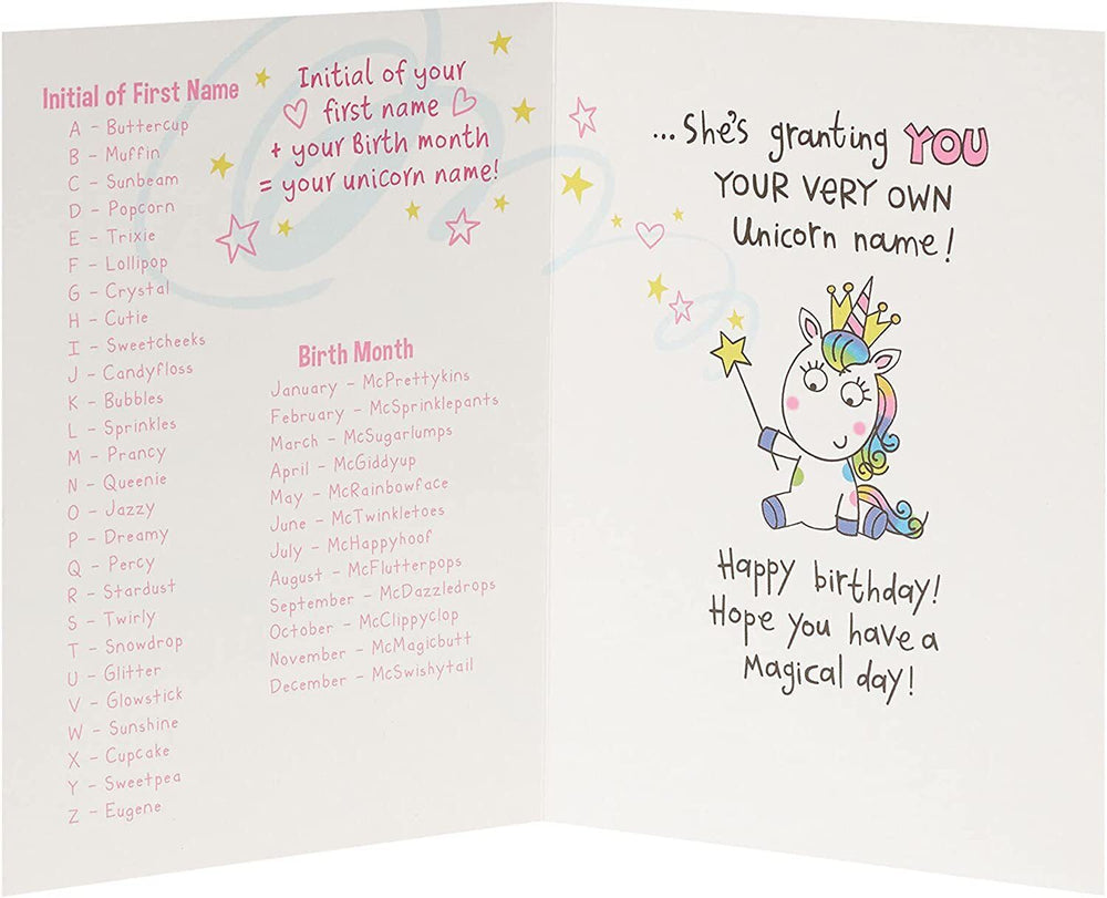 UK Greetings unicorn birthday card featuring colorful unicorn illustration on a cheerful greeting card design.