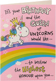 UK Greetings unicorn birthday card featuring colorful unicorn illustration for celebrating special occasions.