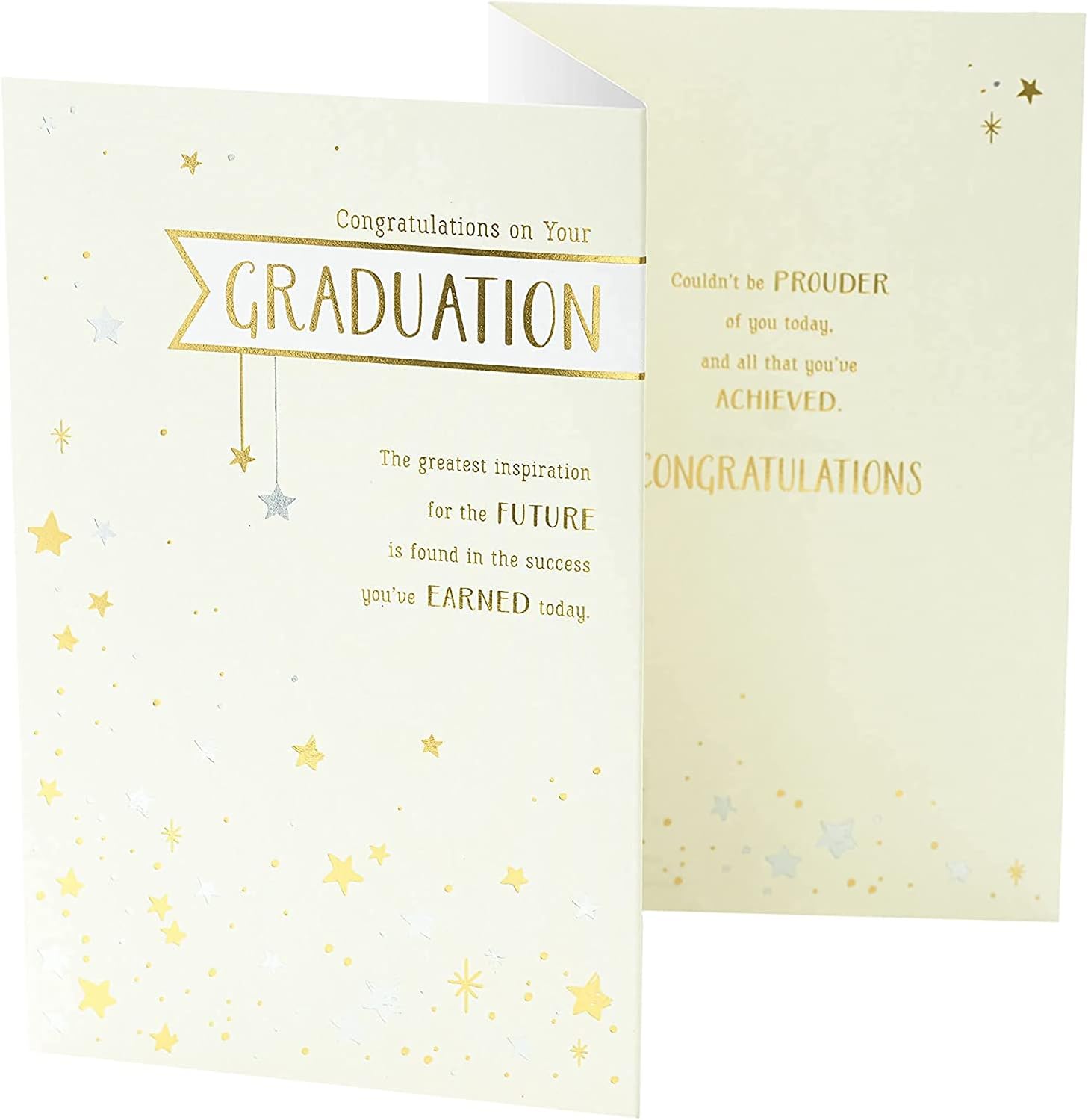 UK Greetings graduation card with congratulatory message for university graduates, featuring celebratory design and vibrant colors.