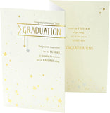 UK Greetings graduation card with congratulatory message for university graduates, featuring celebratory design and vibrant colors.