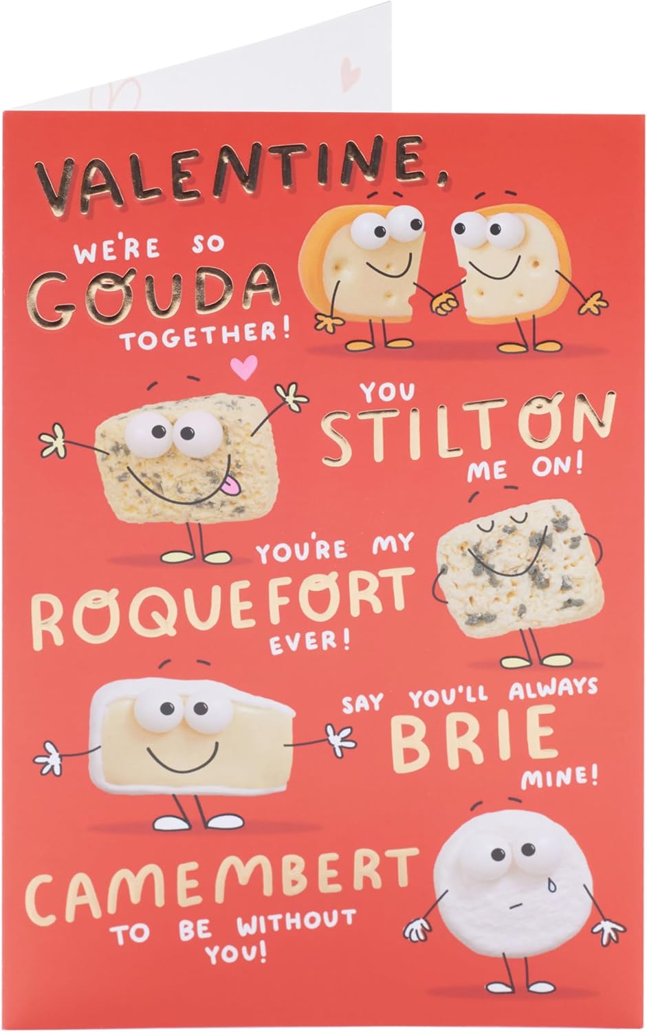 UK Greetings Valentine's Day card featuring a cheese design for him, her, boyfriend, girlfriend, husband, wife, or partner.
