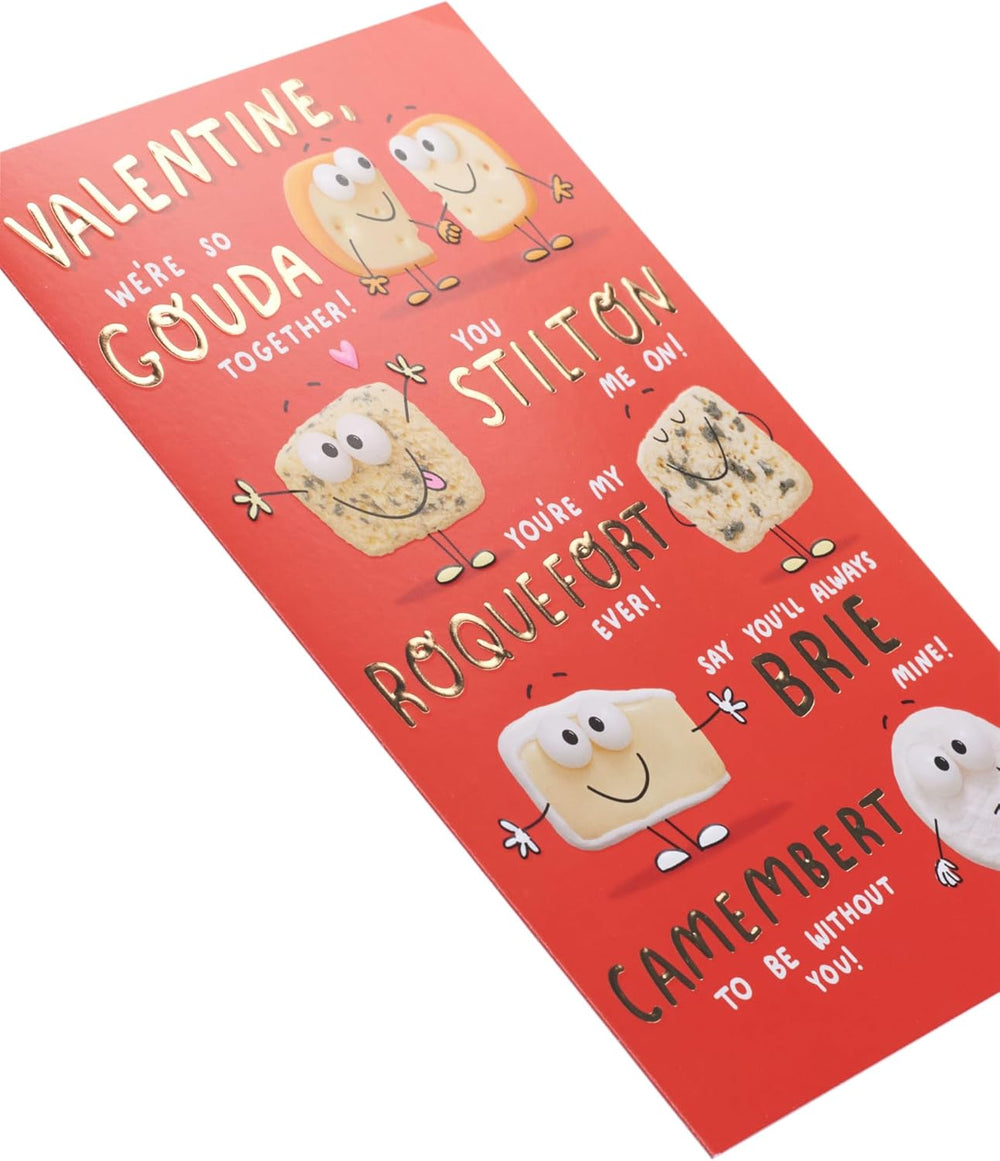 UK Greetings Valentine's Day card for him or her with cheese design, featuring a romantic message and festive illustration.