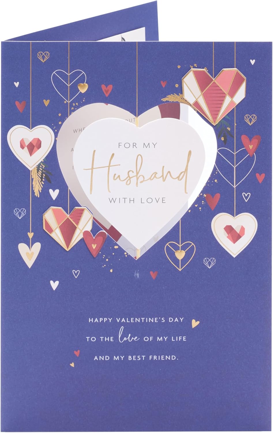 UK Greetings Valentine's Day card for husband with dark blue design, featuring romantic message and decorative elements.