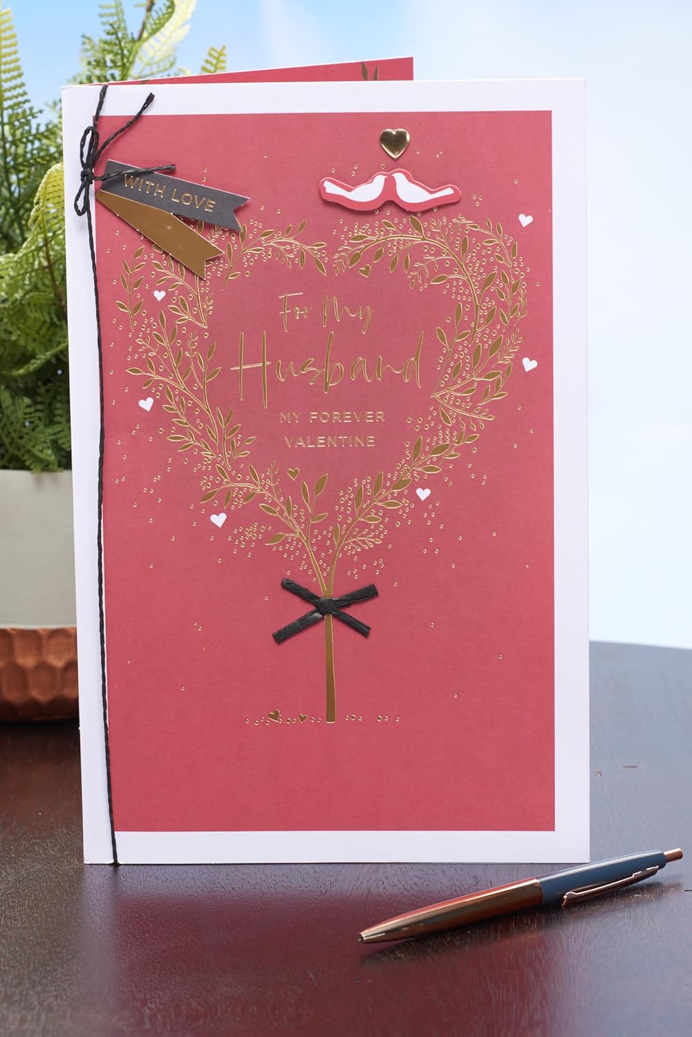 UK Greetings Valentine's Day card for husband with gold heart tree design, featuring a romantic and elegant greeting card for special occasions.